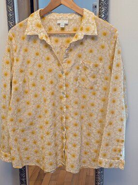 J.Jill Feminine Buttoned L  Blouse -  Happy Embroidered Yellow Flowers
